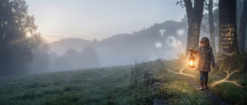 Young girl walking with a lantern along a misty forest path with floating glowing science and healthcare icons