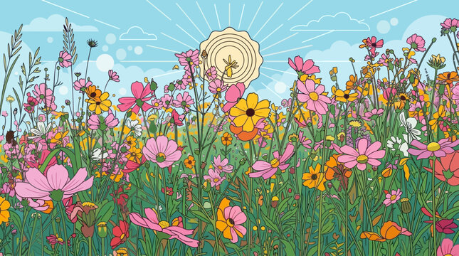 Un vibrante campo de flores silvestres florece bajo un sol estilizado y un cielo azul claro, lleno de nubes.
