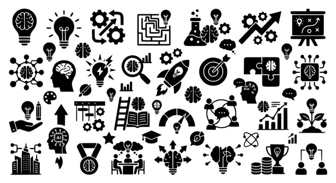 Innovation and Creative Mind Solid Icons Set. Brainstorming, Strategy and Idea Development Vector Symbols Collection