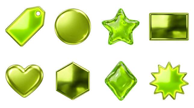 Set of 3d glossy green shapes isolated on transparent background