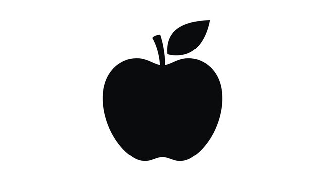 Minimalist black silhouette of a delicious fresh apple fruit with a single small leaf attached to the stem showing clean vector graphic design style illustration isolated on a plain solid bright on wh