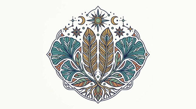 Decoraci&oacute;n ornamental estilo boho con plumas, hojas y s&iacute;mbolos celestiales, dise&ntilde;o intrincado.