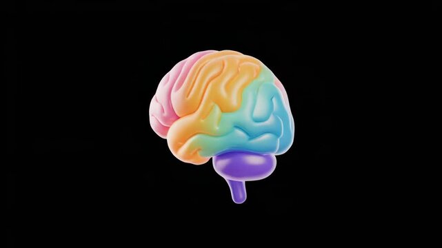 Colorful human brain lobes rotating slowly against a dark backdrop for medical and science concepts