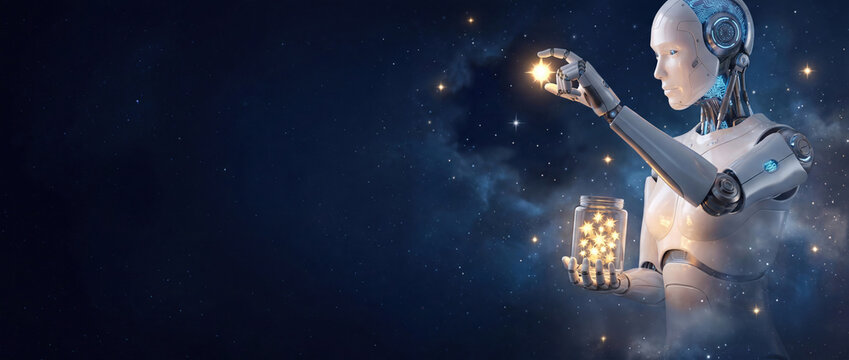 Humanoid robot catching a bright star in space with jar full of stars