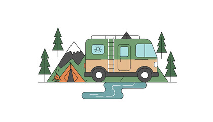 Obraz premium Green recreational vehicle camper parked near a campfire and tent in a scenic mountain forest next to a river.