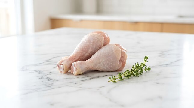 shows two raw chicken drumsticks alongside a sprig of fresh herbs resting on a clean, light-colored marble surface, rather than in a wire basket on a rustic wooden table