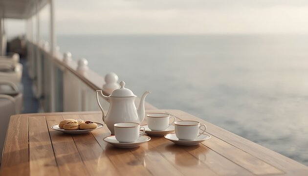 Elegant white tea set with sweet cookies served on wooden deck overlooking ocean.