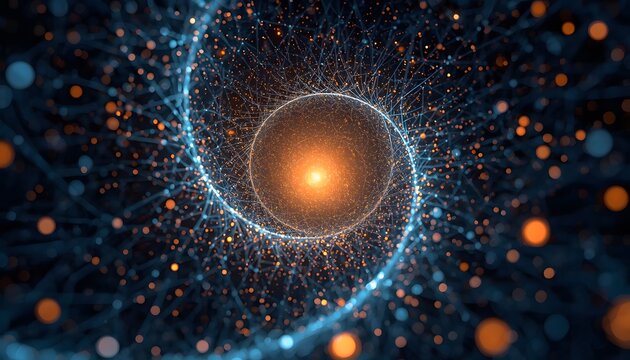 Abstract digital vortex representing artificial intelligence innovation with glowing orange light particles and blue network connections in deep space