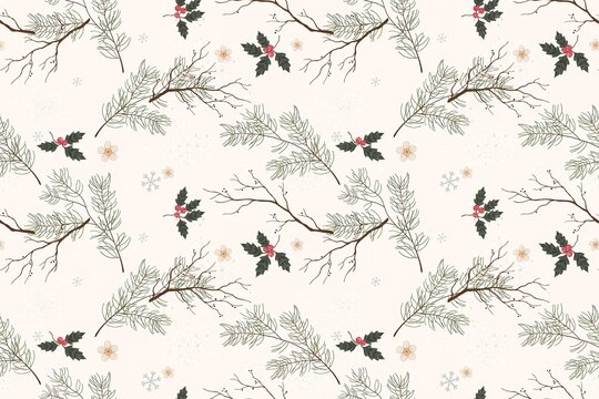 Winter holiday seamless pattern featuring hand drawn pine branches, holly berries, and small snowflakes on a light cream colored background