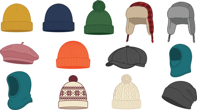 Winter hat beanie headwear vector set. Knit wool caps, pompom beanies, ushanka earflap hat, french beret, newsboy flat cap, balaclava and cold weather accessories.