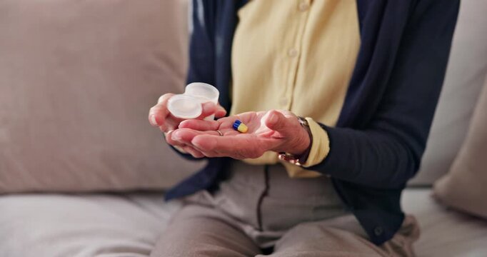 Wellness, box or old woman in home with pills, treatment plan or drug dosage in medical routine. Space, care or senior person with medication, recovery prescription or health management in retirement