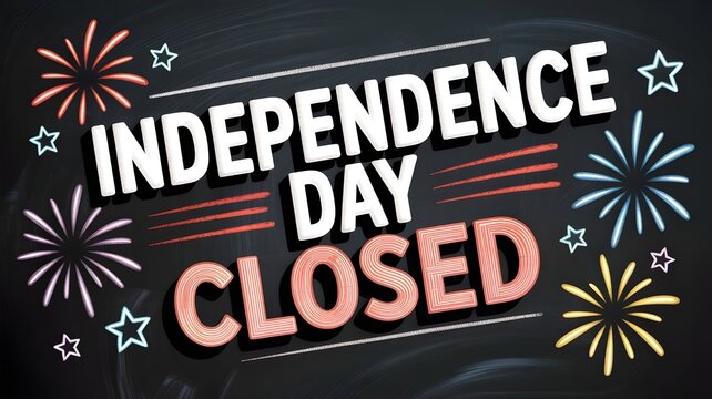 Independence day closed sign, holiday closure announcement, 4th of july celebration background with fireworks and chalkboard texture