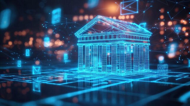 A futuristic holographic representation of a modern banking or financial institution set against a backdrop of a technologically advanced neon lit urban landscape