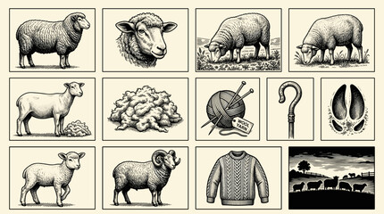 Illustrations of sheep, wool, and related farm elements in vintage style   © Iry