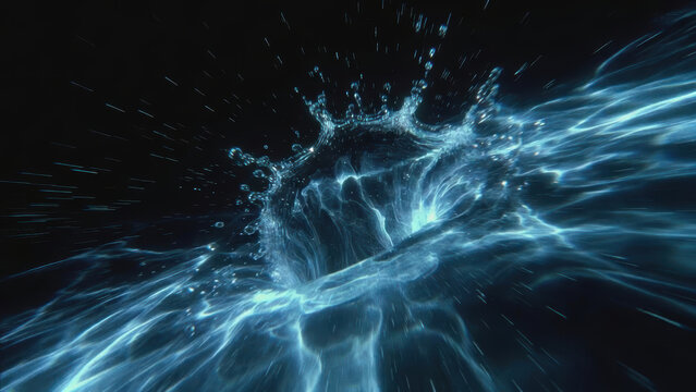 Black background overlay luminous water splash in motion creating abstract blue liquid crown with dynamic streaks and energetic feel