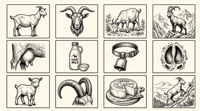 Goat illustrations with milk, cheese, and mountainous background  