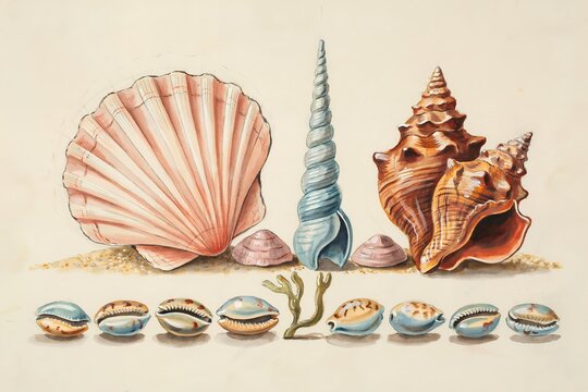 A collection of various seashells including a large fan shell, a spiral cone shell, and small cowrie shells arranged on a sandy beach surface