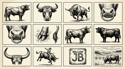 Vintage illustrations of cattle including bulls and heifers   © Iry