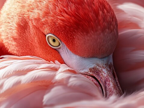 Close-up of a flamingo eye, surrounded by soft pink feathers, expressing its calm and graceful nature