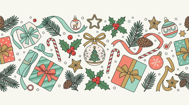 Bordo decorativo natalizio disegnato a mano con regali, palline, rami di pino, agrifoglio e bastoncini di zucchero su sfondo chiaro, perfetto per biglietti d'auguri e design festivi.