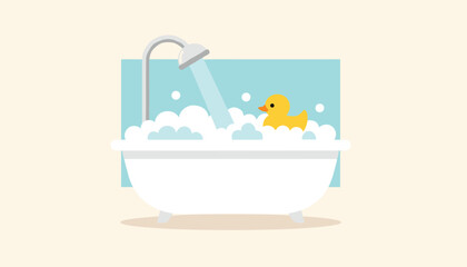 Naklejka premium Cozy white bathtub filled with fluffy soap bubbles and a cute yellow rubber duck floating under a running shower stream.