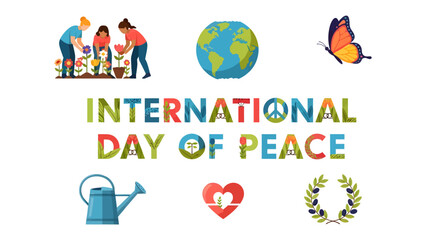 Fototapeta premium International Day of Peace Symbols: A vibrant illustration depicting the International Day of Peace with symbols of global unity, harmony, and environmental stewardship, including planting, the Earth.
