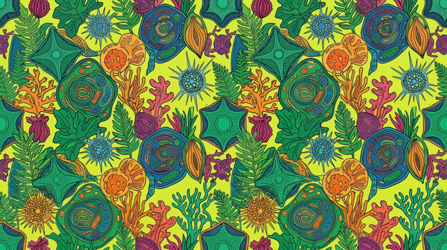 Motivo senza cuciture con illustrazioni stilizzate di cellule biologiche, microrganismi e forme botaniche astratte su uno sfondo giallo brillante per design creativi.