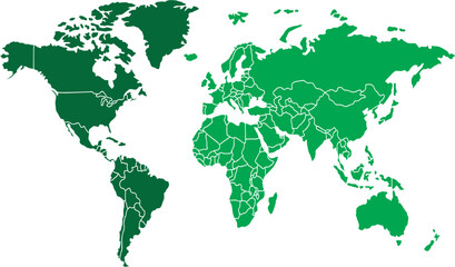 Green Political World Map with All Country Borders and Continents Isolated on White Background © Sbibi
