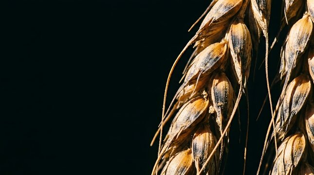 Scorched and withered wheat ears isolated on a black background illustrating devastating agricultural crop failure caused by extreme summer heatwaves