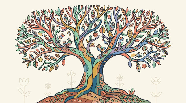 Illustrazione artistica di un albero della vita stilizzato con rami decorati, motivi floreali colorati, foglie intricate e piccoli uccelli su uno sfondo color crema chiaro.