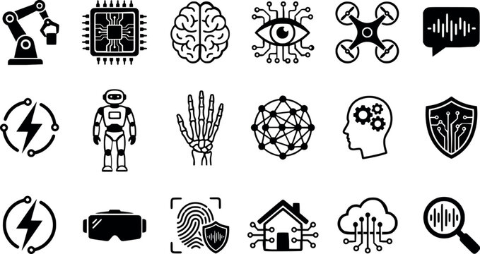 Black vector icons depicting various technology and innovation concepts including robotics, artificial intelligence, and cybersecurity elements
