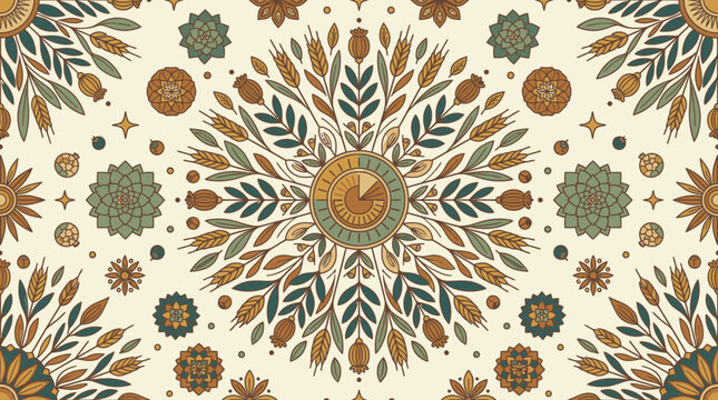 Motivo ornamentale senza cuciture con fiori stilizzati, spighe di grano e foglie in stile boho su sfondo color crema, ideale per carta da parati, tessuti e design decorativo elegante.