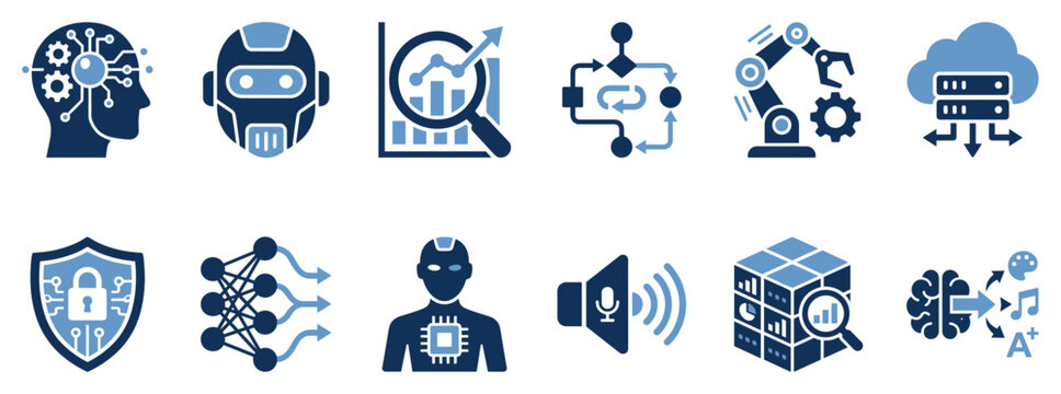 Artificial intelligence icons set. AI, machine learning, and robotics concept. Includes human head with circuit, robot head, data analysis, process flow, robotic arm, cloud server, security