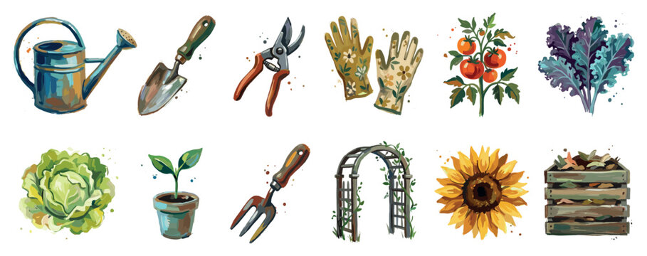 Gardening tools and plants icons set. Home gardening and horticulture concept. Includes watering can, trowel, pruning shears, gloves, tomato plant, kale, cabbage, seedling, hand fork, arch,