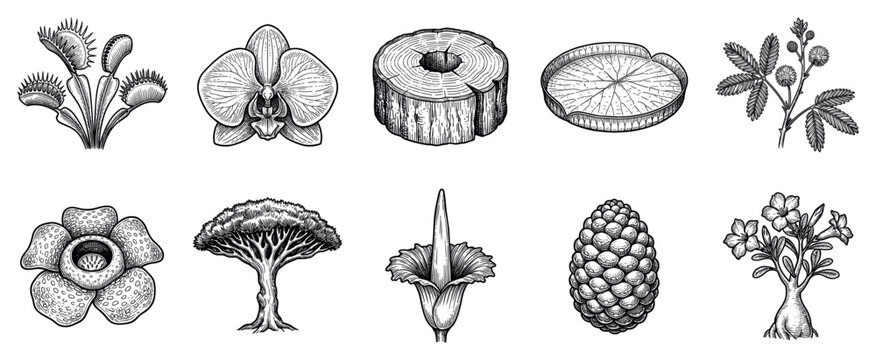 Botanical plant icons set. Exotic and rare flora concept. Includes Venus flytrap, orchid, tree stump, water lily, mimosa pudica, rafflesia, dragon tree, corpse flower, pine cone, desert