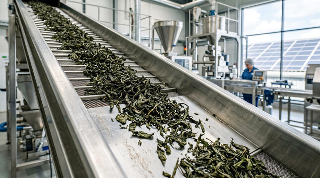 Dried tea leaves on conveyor belt in modern factory with solar panels outside, eco industrial and esg concept