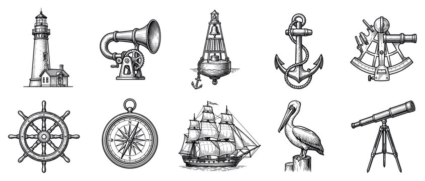 Nautical and marine icons set. Sea travel and navigation concept. Includes lighthouse, foghorn, buoy, anchor, sextant, ship wheel, compass, sailing ship, pelican, telescope. Hand-drawn
