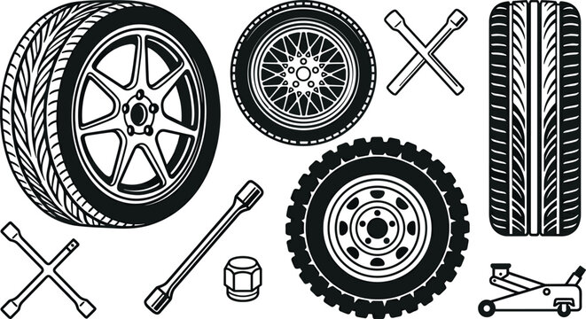 Automotive Tire and Wheel Service Collection Vector Set with Car Tires Rims Lug Wrench Jack and Repair Tools