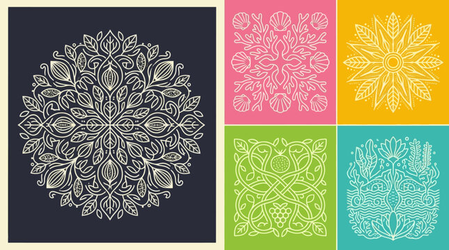 Set di cinque eleganti motivi ornamentali floreali in stile mandala con linee bianche sottili su sfondi colorati vivaci, ideali per decorazioni grafiche, design di tessuti e progetti artistici.