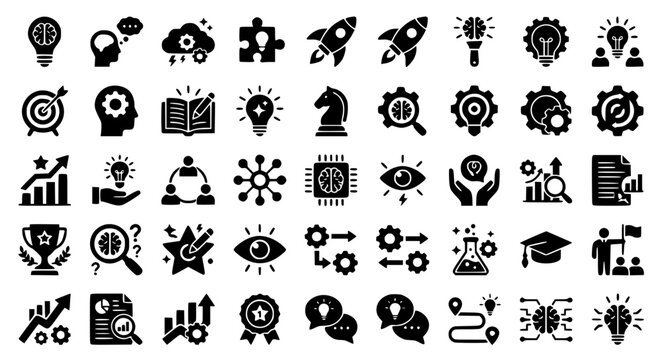 Innovation and Creative Mind Solid Icons Set. Brainstorming, Strategy and Idea Development Vector Symbols Collection