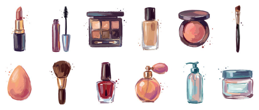 Beauty product icons set. Cosmetics and personal care concept. Includes lipstick, mascara, eyeshadow palette, foundation, blush, makeup brush, sponge, nail polish, perfume, lotion, cream