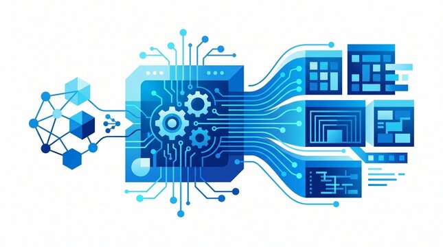 Digital processor chip with gear icons and network lines