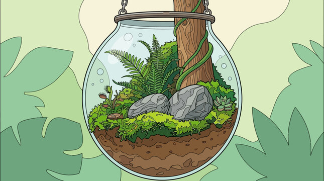 Illustrazione vettoriale di un terrario in vetro sospeso contenente un ecosistema in miniatura con felci, muschio, rocce e un piccolo tronco d'albero su uno sfondo verde naturale.