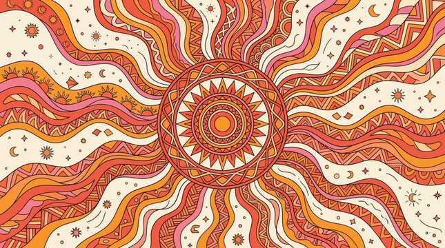Sfondo astratto in stile psichedelico anni settanta con un sole centrale radiante, motivi geometrici tribali, onde sinuose e decorazioni celesti in tonalit&agrave; calde arancioni e crema