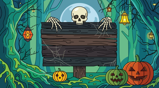 Illustrazione vettoriale di Halloween con un teschio che tiene un cartello di legno vuoto in una foresta incantata con zucche intagliate, lanterne sospese e ragnatele.