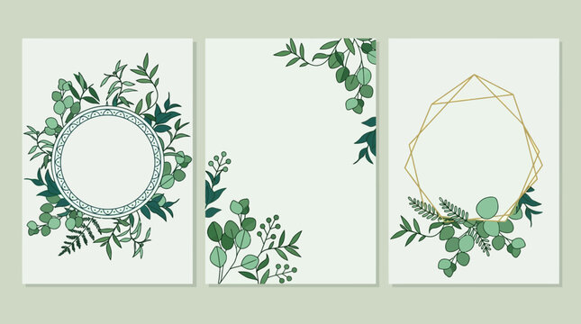 Tre eleganti modelli di biglietti con illustrazioni botaniche di foglie di eucalipto e cornici geometriche dorate, perfetti per inviti e design.