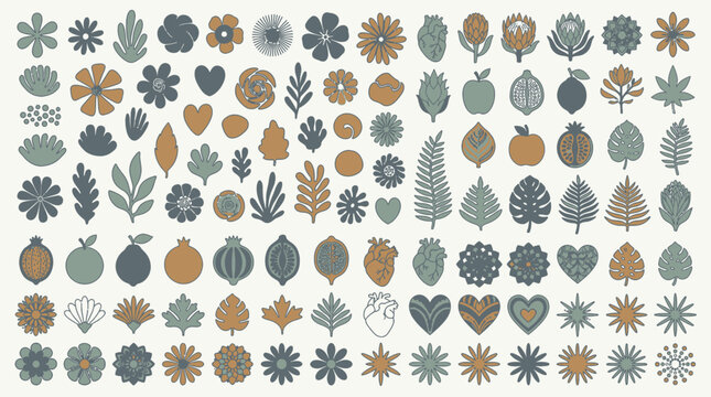 Vasta collezione di icone stilizzate della natura, con fiori, foglie e frutti in tonalit&agrave; tenui, perfette per design decorativi e pattern.