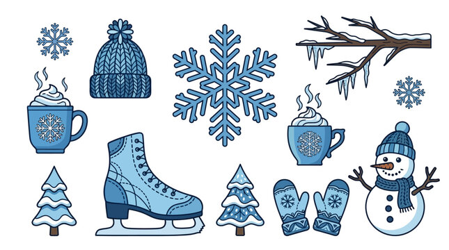 Set di icone vettoriali a tema invernale con fiocchi di neve, pupazzo di neve, pattini da ghiaccio, tazze di cioccolata calda, alberi di Natale, guanti e berretto in stile grafico blu.