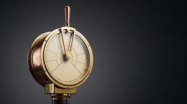 A vintage brass ship's engine telegraph with a polished handle and a circular dial against a dark background.