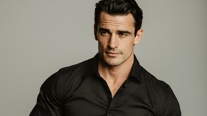 Obraz premium Handsome Man in Black Shirt Looking Thoughtful